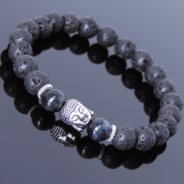 Men's Women Lava Rock Blue Tiger Eye Tibetan Silver Bracelet Sakyamuni Buddha Yoga Mala DiyNotion Handmade T157