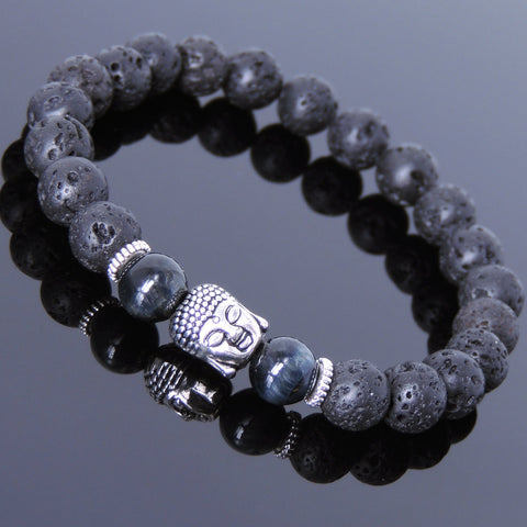 Men's Women Lava Rock Blue Tiger Eye Tibetan Silver Bracelet Sakyamuni Buddha Yoga Mala DiyNotion Handmade T157