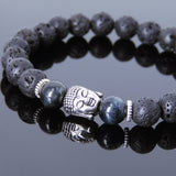 Men's Women Lava Rock Blue Tiger Eye Tibetan Silver Bracelet Sakyamuni Buddha Yoga Mala DiyNotion Handmade T157
