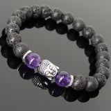 Men's Women Lava Rock Amethyst Tibetan Silver Bracelet Sakyamuni Buddha Yoga Mala DiyNotion Handmade T158