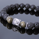 Men's Women Lava Rock Golden Obsidian Tibetan Silver Bracelet Sakyamuni Buddha Yoga Mala DiyNotion Handmade T161
