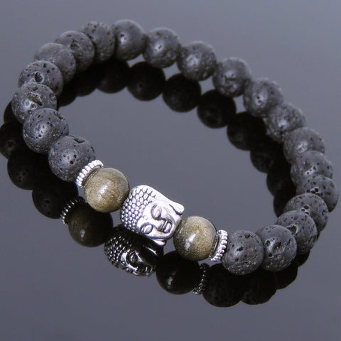 Men's Women Lava Rock Golden Obsidian Tibetan Silver Bracelet Sakyamuni Buddha Yoga Mala DiyNotion Handmade T161