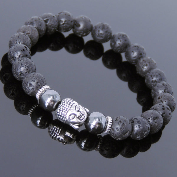 Men's Women Lava Rock Hematite Tibetan Silver Bracelet Sakyamuni Buddha Yoga Mala DiyNotion Handmade T162
