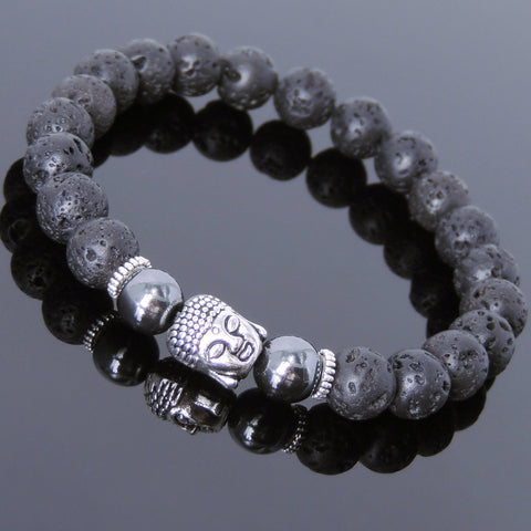 Men's Women Lava Rock Hematite Tibetan Silver Bracelet Sakyamuni Buddha Yoga Mala DiyNotion Handmade T162