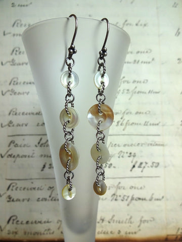 Vintage MOP Button Earrings, Ivory Mother of Pearl Carved Shell Buttons, Silver Rope Rings, Boho Earrings, Shell Buttons, MPE145