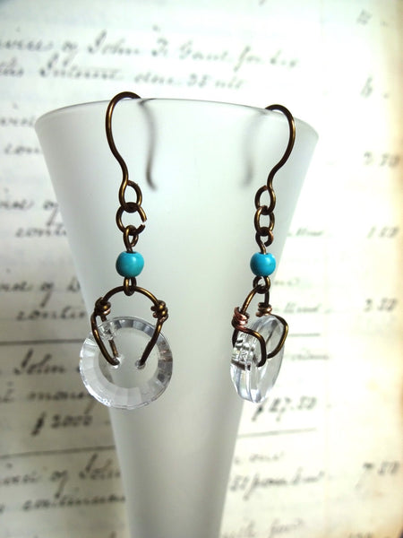 Clear Glass Vintage Button Earrings, Faceted Glass Buttons, Handmade Copper Ear Wires, Button Earrings, Cut Glass Buttons, CGE219