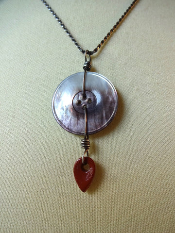 Button Charm Necklace, Vintage Mother of Pearl Buttons, Handmade Terra Cotta Teardrop Charm, 18" Oxidized Sterling Silver Chain, MPN225