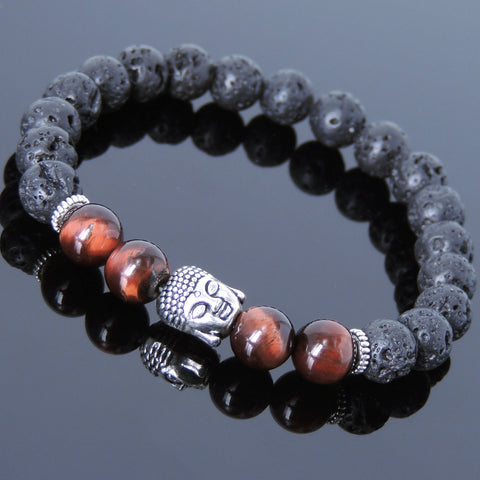Men's Women Lava Rock Tiger Eye Tibetan Silver Bracelet Sakyamuni Buddha Yoga Mala DiyNotion Handmade T169