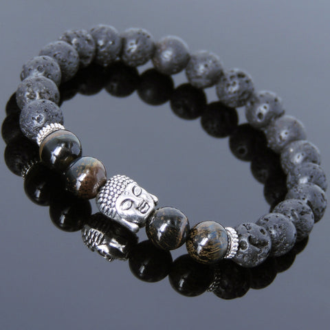 Men's Women Lava Rock Rare Mixed Blue Tiger Eye Tibetan Silver Bracelet Sakyamuni Buddha Yoga Mala DiyNotion Handmade T173