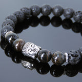 Men's Women Lava Rock Rare Mixed Blue Tiger Eye Tibetan Silver Bracelet Sakyamuni Buddha Yoga Mala DiyNotion Handmade T173