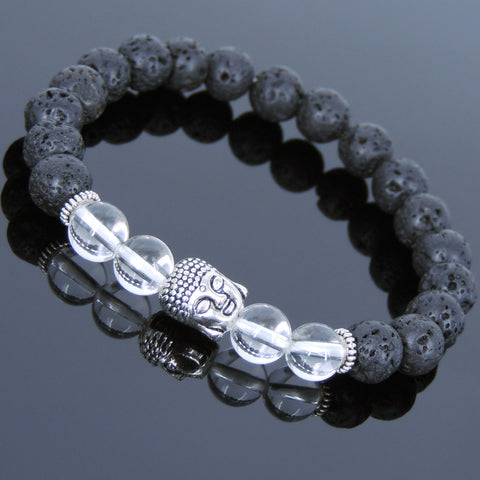 Men's Women Lava Rock White Crystal Tibetan Silver Bracelet Sakyamuni Buddha Yoga Mala DiyNotion Handmade T176