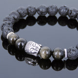 Men's Women Lava Rock Golden Obsidian Tibetan Silver Bracelet Sakyamuni Buddha Yoga Mala DiyNotion Handmade T178