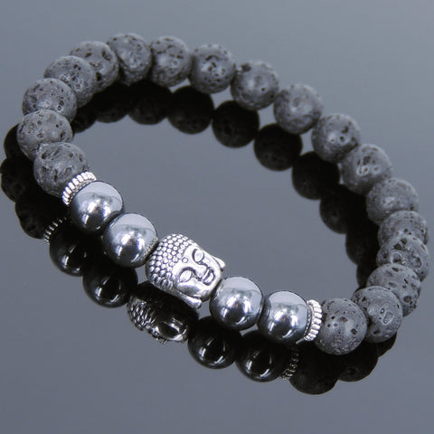 Men's Women Lava Rock Hematite Tibetan Silver Bracelet Sakyamuni Buddha Yoga Mala DiyNotion Handmade T179