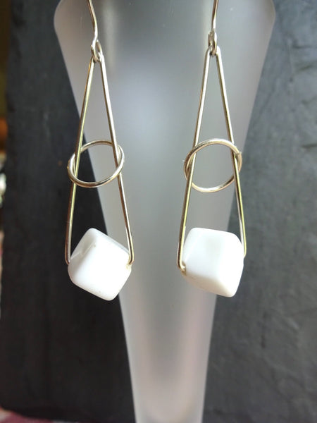 White Cube Button Earrings, Antique Buttons, Square Geometric Earrings, Glass Buttons, Handmade Earrings, Upcycled Buttons, WGE244