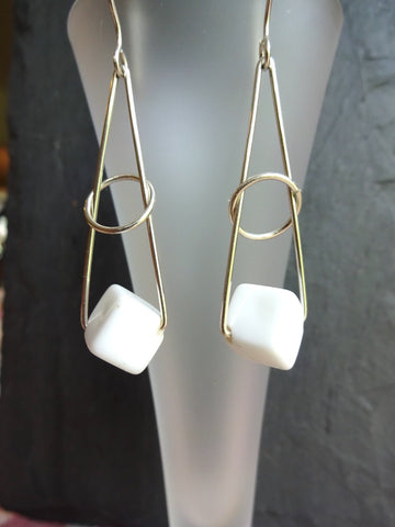 White Cube Button Earrings, Antique Buttons, Square Geometric Earrings, Glass Buttons, Handmade Earrings, Upcycled Buttons, WGE244