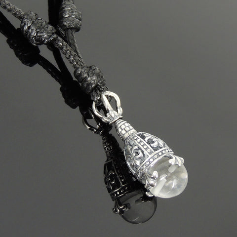Men's Women 925 Sterling Silver Fleur de Lis Adjustable Necklace with White Crystal, Korean Wax Rope DiyNotion NK125