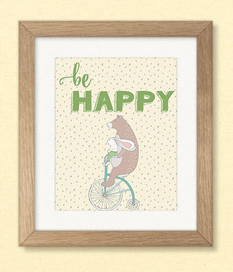 Bear Nursery Wall Art, Be Happy, Bear and Bunny Print, Printable Wall Art INSTANT DOWNLOAD, Nursery Print, Baby's Room Decor, Bunny Nursery