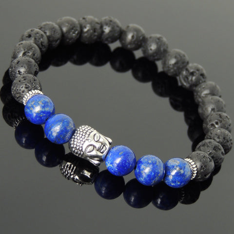 Men's Women Lava Rock Lapis Tibetan Silver Bracelet Sakyamuni Buddha Yoga Mala DiyNotion Handmade T181