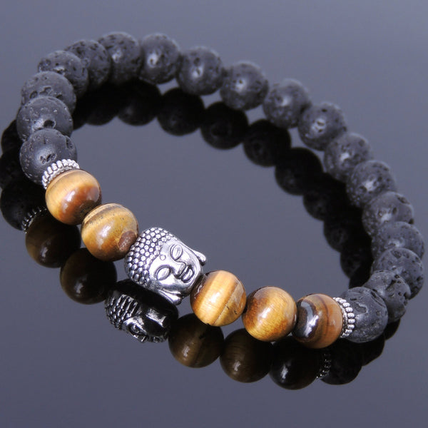 Men's Women Lava Rock Tiger Eye Tibetan Silver Bracelet Sakyamuni Buddha Yoga Mala DiyNotion Handmade T182