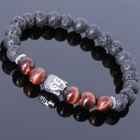 Men's Women Lava Rock Tiger Eye Tibetan Silver Bracelet Sakyamuni Buddha Yoga Mala DiyNotion Handmade T183
