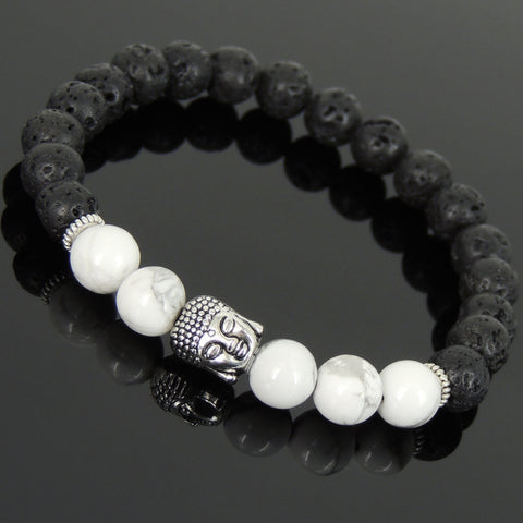 Men's Women Lava Rock White Howlite Tibetan Silver Bracelet Sakyamuni Buddha Yoga Mala DiyNotion Handmade T185
