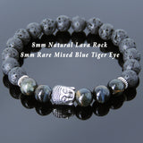 Men's Women Lava Rock Rare Mixed Blue Tiger Eye Tibetan Silver Bracelet Sakyamuni Buddha Yoga Mala DiyNotion Handmade T187