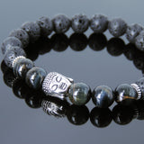 Men's Women Lava Rock Rare Mixed Blue Tiger Eye Tibetan Silver Bracelet Sakyamuni Buddha Yoga Mala DiyNotion Handmade T187