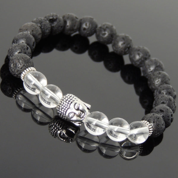 Men's Women Lava Rock White Crystal Tibetan Silver Bracelet Sakyamuni Buddha Yoga Mala DiyNotion Handmade T190
