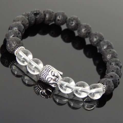 Men's Women Lava Rock White Crystal Tibetan Silver Bracelet Sakyamuni Buddha Yoga Mala DiyNotion Handmade T190
