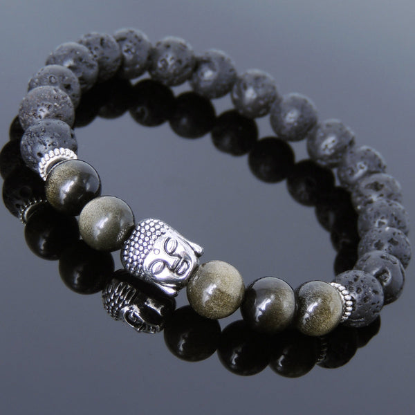 Men's Women Lava Rock Golden Obsidian Tibetan Silver Bracelet Sakyamuni Buddha Yoga Mala DiyNotion Handmade T192