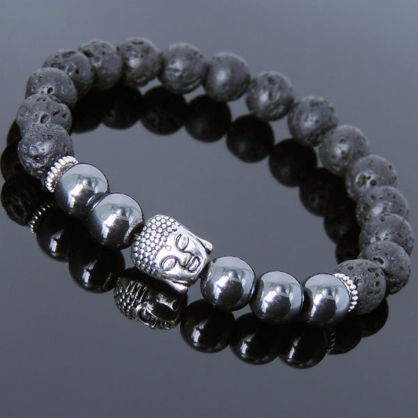 Men's Women Lava Rock Hematite Tibetan Silver Bracelet Sakyamuni Buddha Yoga Mala DiyNotion Handmade T193