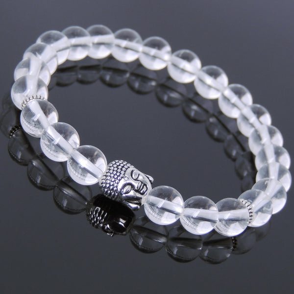 Men's Women White Crystal Tibetan Silver Bracelet Sakyamuni Buddha Yoga Mala DiyNotion Handmade T196