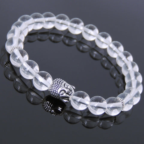 Men's Women White Crystal Tibetan Silver Bracelet Sakyamuni Buddha Yoga Mala DiyNotion Handmade T196
