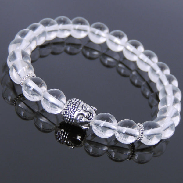 Men's Women White Crystal Tibetan Silver Bracelet Sakyamuni Buddha Yoga Mala DiyNotion Handmade T198
