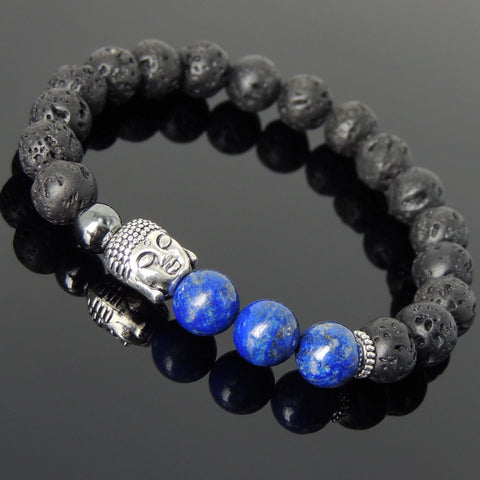 Men's Women Lava Rock Lapis Hematite Tibetan Silver Bracelet Sakyamuni Buddha Yoga Mala DiyNotion Handmade T199