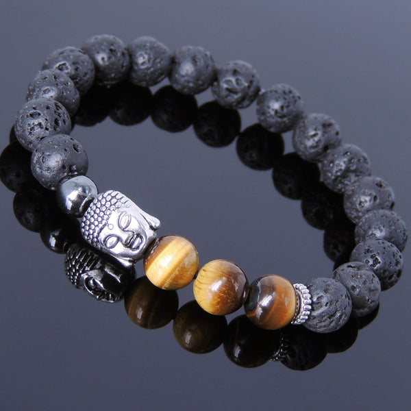 Men's Women Lava Rock Tiger Eye Hematite Tibetan Silver Bracelet Sakyamuni Buddha Yoga Mala DiyNotion Handmade T200