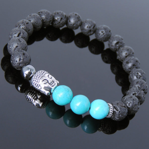 Men's Women Lava Rock Turquoise Hematite Tibetan Silver Bracelet Sakyamuni Buddha Yoga Mala DiyNotion Handmade T202