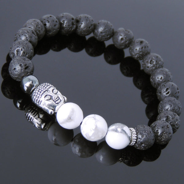 Men's Women Lava Rock Hematite White Howlite Tibetan Silver Bracelet Sakyamuni Buddha Yoga Mala DiyNotion Handmade T203