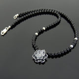 Men's Women Bright Black Onyx Sterling Silver Lotus Necklace Protection Gemstone DiyNoion Handmade NK129