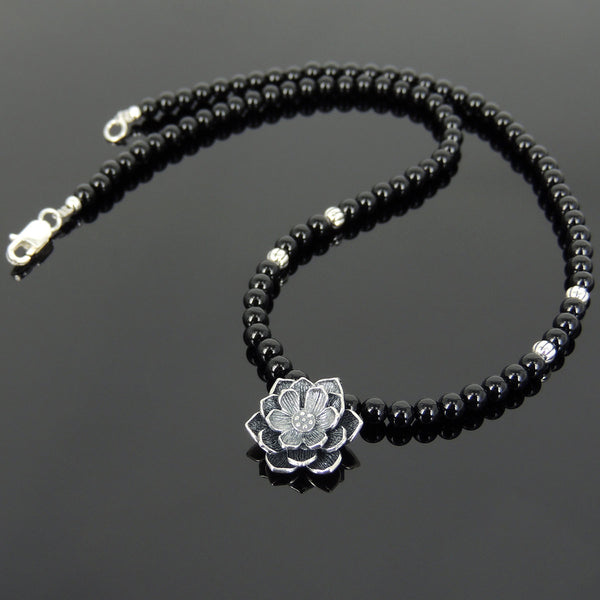 Men's Women Bright Black Onyx Sterling Silver Lotus Necklace Protection Gemstone DiyNoion Handmade NK129