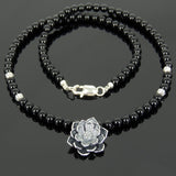 Men's Women Bright Black Onyx Sterling Silver Lotus Necklace Protection Gemstone DiyNoion Handmade NK129