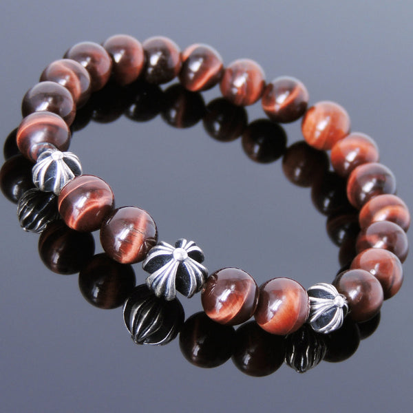 Men's Women Bracelet with Red Tiger Eye Sterling Silver Cross Beads DiyNotion Handmade BR739