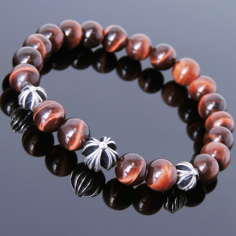 Men's Women Bracelet with Red Tiger Eye Sterling Silver Cross Beads DiyNotion Handmade BR739