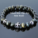 Men's Women Bracelet with Brown Blue Tiger Eye Sterling Silver Cross Beads DiyNotion Handmae BR741