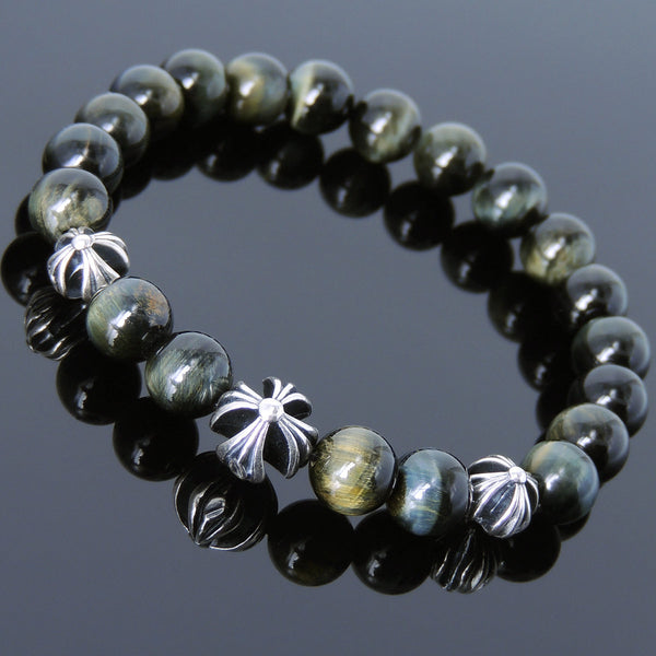 Men's Women Bracelet with Brown Blue Tiger Eye Sterling Silver Cross Beads DiyNotion Handmae BR741