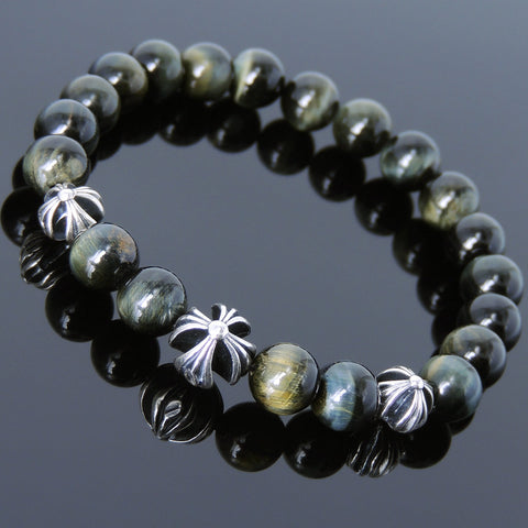 Men's Women Bracelet with Brown Blue Tiger Eye Sterling Silver Cross Beads DiyNotion Handmae BR741