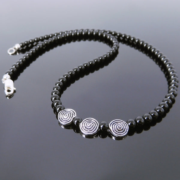 Men's Women Bright Black Onyx Sterling Silver Necklace Gemstone Beads Clasp DiyNoion Handmade NK102