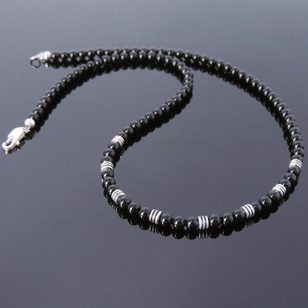 Men's Women Bright Black Onyx Sterling Silver Necklace Gemstone Beads Clasp DiyNoion Handmade NK103