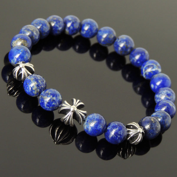 Men's Women Bracelet with Natural Lapis Lazuli Sterling Silver Cross Beads DiyNotion Handmae BR742