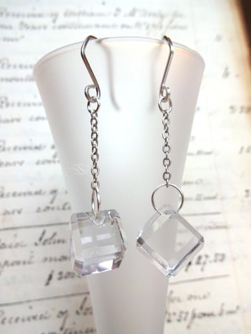Vintage Clear Glass Button Earrings, Antique Buttons, Square Geometric Earrings, Glass Buttons, Handmade Dangle Drop Earrings, CGE149